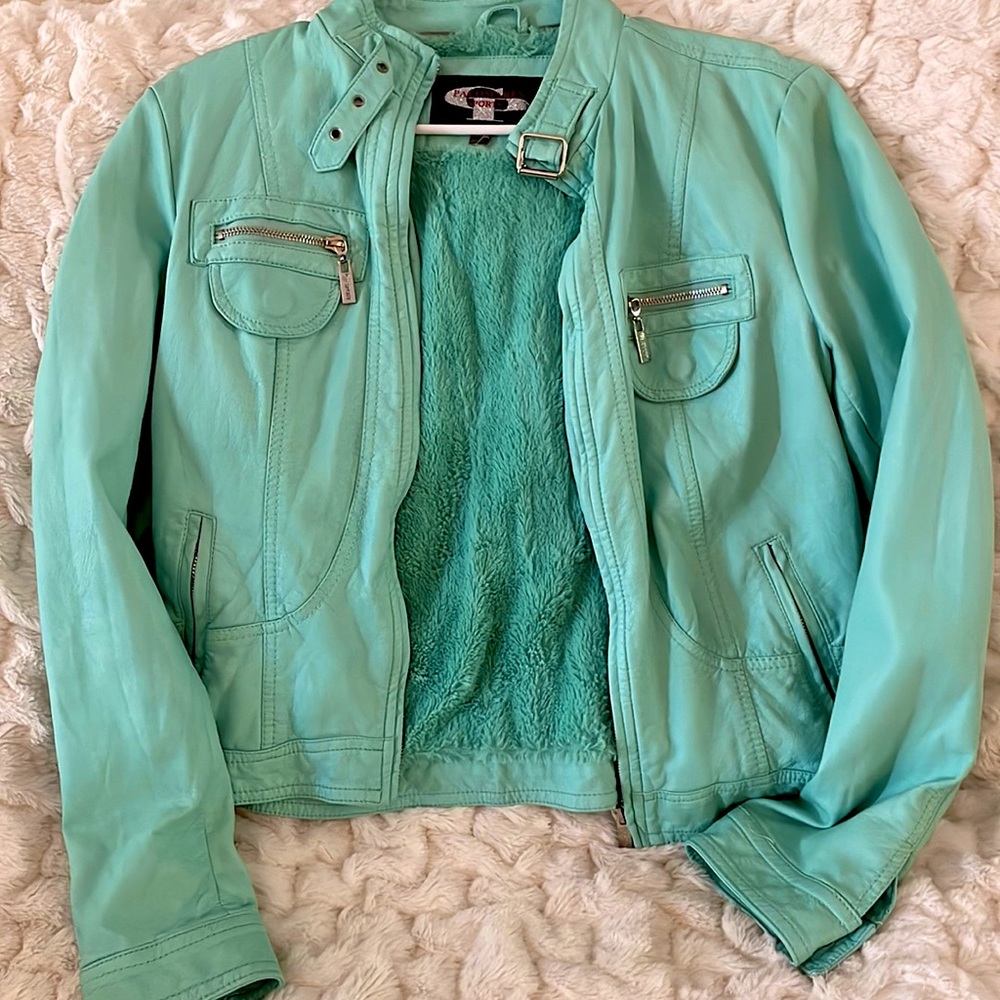 Turquoise leather, warm jacket. Size L